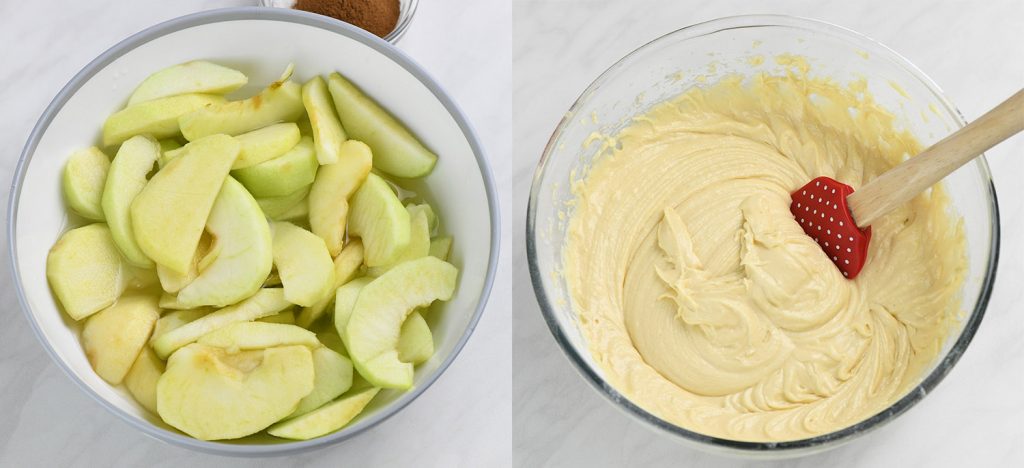 Bowl of peeled and sliced apples, and a separate bowl with apple cider cake batter mixed with a spatula.