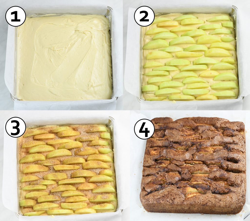 Step-by-step process of making apple cider cake: 1) batter spread in pan, 2) topped with sliced apples, 3) sprinkled with cinnamon sugar, 4) baked golden brown cake.