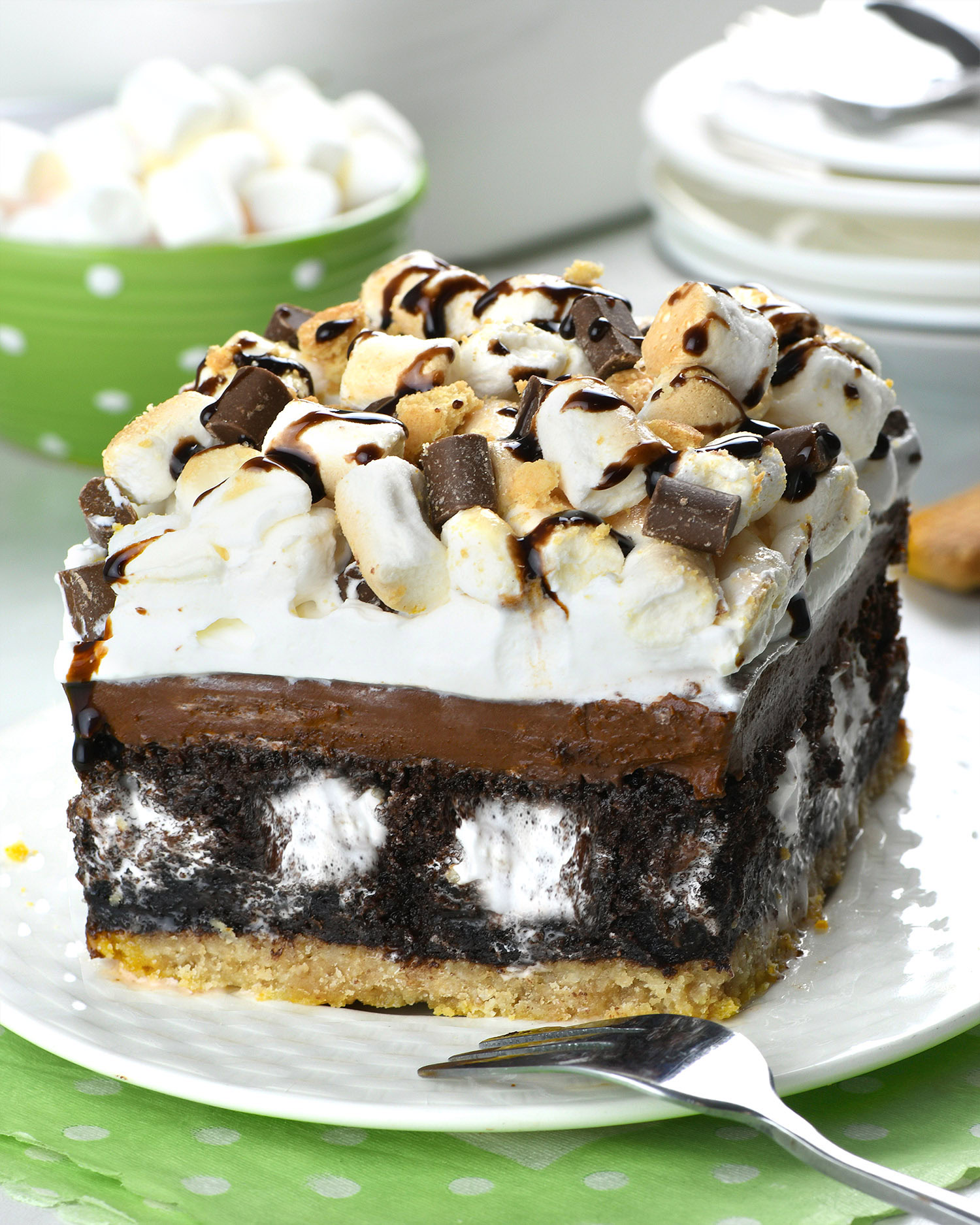 Slice of S’mores poke cake topped with whipped cream, toasted marshmallows, and chocolate drizzle.
